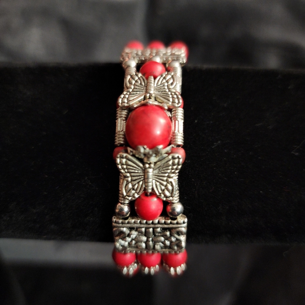 Butterfly Bangle Bracelet Silver Red Bead Beaded Layered Boho Spring Summer